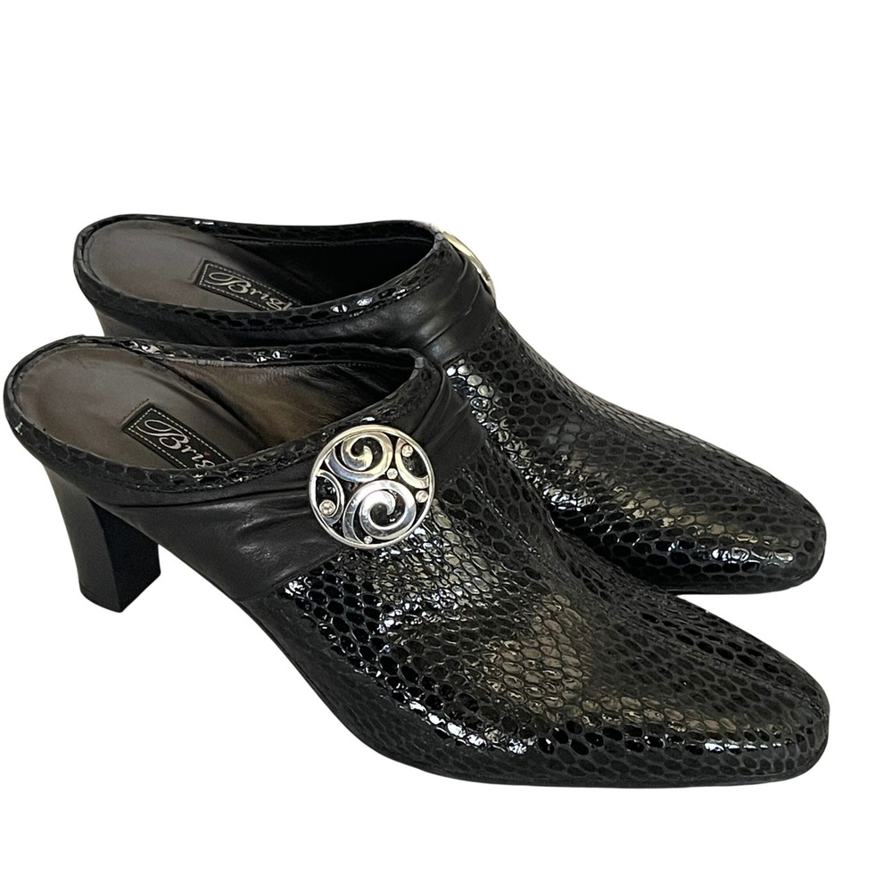 Brighton Black Embossed Leather‎ Mules 8.5N Silver Medallion Heel Slip On, EUC